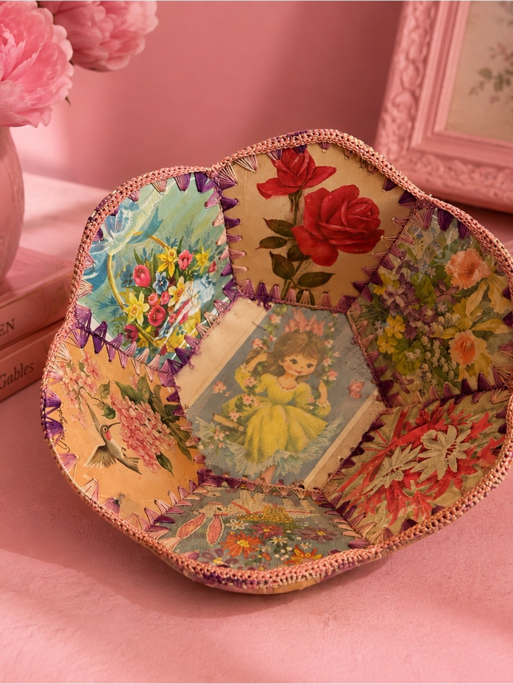 Vintage Floral Handmade Greeting Card Decorative Bowl - Pink
